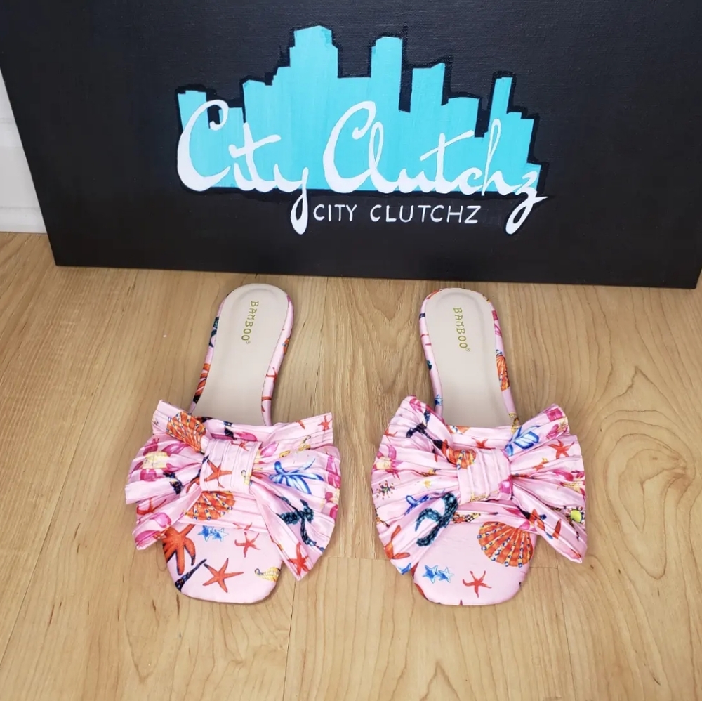 Star Pink Bow Slide Flat Sandals